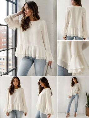 Theory Cream Layered Ruffle Hem Blouse